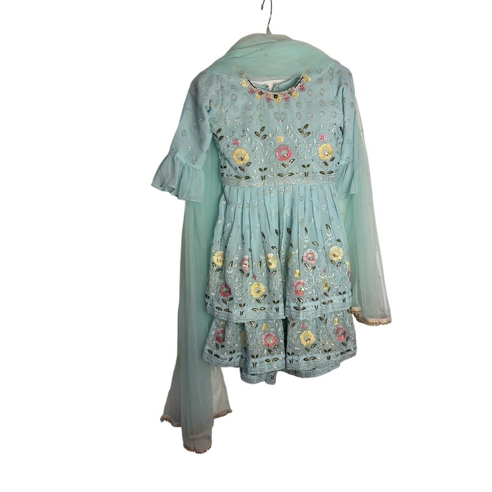 Girls Light Blue Floral Embroidered Anarkali Kurti Sharara Set Dupatta Size 30
